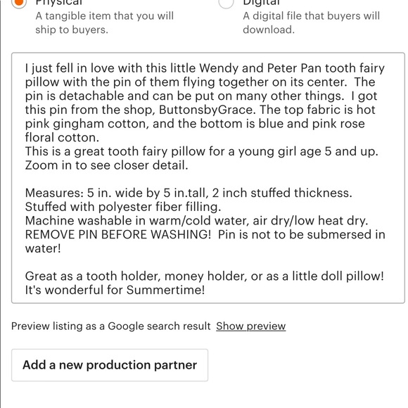 Wendy & Peter Pan character Tooth Fairy pillow, pin button gingham - Picture 6 of 6